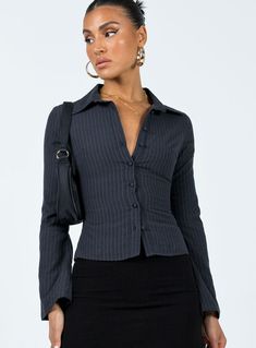 Anni Pinstripe Shirt Black Fall Striped Button-up Shirt, Fitted Pinstripe Shirt For Business Casual, Trendy Striped Office Shirt, Fitted Black Top With Vertical Stripes, Fitted Striped Button-up Shirt, Fitted Button-up Shirt With Vertical Stripes, Fitted Vertical Stripe Button-up Shirt, Vertical Stripes Button-up Top For Work, Fitted Pinstripe Button-up Shirt