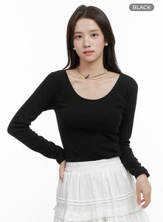 u-neck-long-sleeve-tee-og412 / Black Stretch Long Sleeve T-shirt For Everyday, Everyday Stretch Long Sleeve T-shirt, Casual Plain Scoop Neck Top, Black Scoop Neck T-shirt For Fall, Basic Scoop Neck T-shirt For Fall, Fall Basic Scoop Neck T-shirt, Festival Trends, School Season, Slim Fit Top