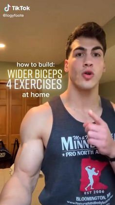 a man in a tank top with his hand on his hip and the words how to build wider biceps 4 exercises at home