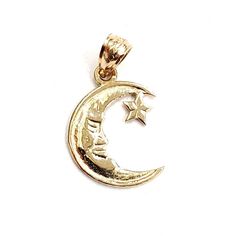 "ITEM DESCRIPTION: Beautiful New 14k yellow gold moon and star pendant charm. Weight: 1.1g Metal: 14k genuine gold 0.73\" top to bottom (without bail).0.53\" from left to right. Please refer to the photo of the pendant next to a quarter for comparison purposes. Other sizes available please ask. please ask me any questions you may have before you make a purchase. Shipping: Your order will be professionally packed and shipped. US free shipping is for the 48 Continental states. For shipping to Alas Symbolic 14k Gold Jewelry With Moon Charm, Crescent Shaped Yellow Gold Jewelry With Star Charm, Crescent Yellow Gold Jewelry With Star Charm, Celestial Yellow Gold Charms As Gifts, Yellow Gold Crescent Jewelry With Star Charm, 14k Gold Star Jewelry With Moon Charm, Vintage Moon-shaped Gold Jewelry, 14k Gold Moon Charm Star Jewelry, Gold Moon Pendant Charm