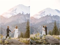 a couple holding hands while standing on top of a mountain with mountains in the background