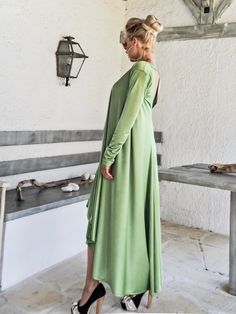 NEW Evening Maxi Dress / Pear Green Plus Size Dress / Evening Dress / Maxi Dress / Party Dress / Plus Size Dress / Open Back Dress / Summer Dress / Long Sleeve Dress / #35266 NEW 2018.... A must have maxi dress...! With long sleeves and open back cut out ! Ideal for all body-types, you can have a very elegant appearance ! - Handmade item - Materials : crystal jersey - The model wears : size - one size , color - Pear Green PLEASE NOTE : The dress is ONE SIZE but you have to choose a size from XS Green Maxi Length Long Sleeve Party Dress, Green Long Sleeve Midi Evening Dress, Green Long Sleeve Maxi Dress For Party, Green Fitted Asymmetrical Dress With Long Sleeves, Long Sleeve Evening Dresses For Summer, Green Flowy Evening Dress, Fitted Green Long Sleeve Summer Dress, Green Long Sleeve Asymmetrical Party Dress, Flowy Long Sleeve Summer Party Dress