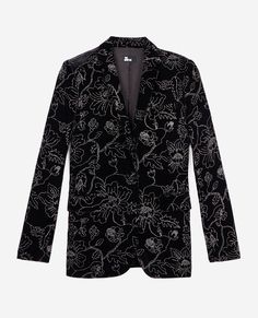 Black velvet suit jacket | The Kooples - US Elegant Formal Blazer With Floral Print, Floral Print Long Sleeve Blazer For Party, Long Sleeve Floral Print Blazer For Party, Formal Long Sleeve Floral Print Outerwear, Floral Print Long Sleeve Outerwear For Party, Elegant Formal Outerwear With Floral Print, Elegant Floral Print Formal Outerwear, Elegant Formal Suits With Floral Print, Elegant Floral Print Suit For Formal Occasions