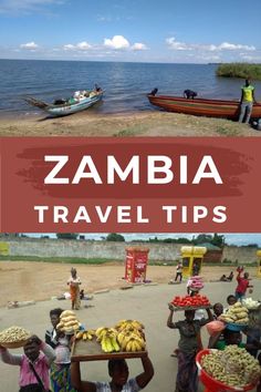 people are standing on the beach with bananas and other things in their hands, while one person is carrying a tray full of food