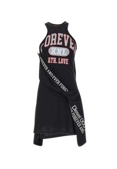 Diesel "D-Zelie" women's cotton jersey dress, black on multicolor college-inspired graphic prints, short, screwed neckline that transforms into a crossover on back, asymmetric draping over skirt, unlined, regular fit. Composition: 100% Cotton | Diesel Women's d-zelie Dress in Black | SS24 Jersey Dress Outfit, Diesel Dress, Jersey Dress Black, Diesel Dresses, Graphic Print Dress, Over Skirt, Cotton Jersey Dress, Womens Blazers, Short Leggings