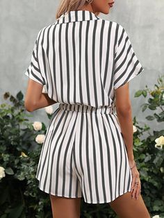 Indulge yourself in elegance and style with this Striped Print Sleeve Knot Front Romper Shirt. Crafted from fine quality fabric, the subtle yet sophisticated stripes add alluring depth, perfect for those who appreciate the luxuries of life and enjoy being effortlessly stylish. Its knot-front closure adds visual interest, making it the ideal garment for a day of relaxation or a night of elegance. Specification: Style: Casual Pattern Type: Striped Type: Shirt Details: Knot, Pocket, Button Front Le Elegant Striped Relaxed Fit Tops, Elegant White Blouse With Vertical Stripes, Chic Striped V-neck Blouse, Elegant Striped Blouse, Striped Short Sleeve Blouse For Vacation, Striped V-neck Blouse For Vacation, Vertical Stripes V-neck Tops For Workwear, Elegant Striped Blouse For Summer, Elegant Striped Blouse For Spring