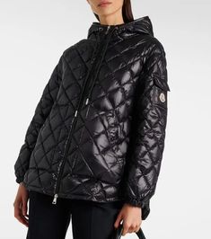 Moncler Logo Down Jacket In Black | Editorialist Black Polyamide Outerwear For Fall, Designer Black Nylon Outerwear, Moncler Logo, Moncler Women, Moncler Jacket, Made In Romania, Field Jacket, Gym Wear, Black Jacket