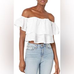 Nwt Size Small Off-The-Shoulder Neckline Flared Tiers Featuring Embroidered Trim Zipper And Hook And Eye Closure In Back Boning Lined 100% Cotton White Cropped Off-shoulder Top For Spring, White Short Sleeve Off-shoulder Top For Spring, White Off-shoulder Short Sleeve Top For Spring, White Off-shoulder Top With Short Sleeves For Spring, White Cropped Off-shoulder Top, White Cropped Off-shoulder Casual Top, White Casual Cropped Off-shoulder Top, White Cotton Off-shoulder Top For Spring, White Off-shoulder Top For Summer