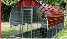 a red barn with a metal roof and two chickens in the yard next to it