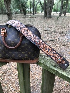 Brown Floral handbag strap Elegant Brown Rectangular Bag Strap, Elegant Brown Bag Strap For Daily Use, Luxury Brown Leather Bag Strap, Elegant Brown Engraved Bags, Elegant Engraved Brown Bags, Floral Handbags, Flower Center, Purse Strap, Handbag Straps