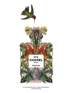 a bottle of chanel no 5 parfum surrounded by tropical flowers and birds