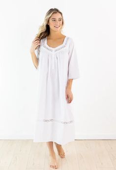 The Victoria Nightgown, a timeless style crafted with the utmost care and attention to detail, offers comfort and style for a restful night's sleep. It features 3/4 sleeves, delicate lace trim on the bodice and hem, a scooped V-neckline and below the knee hem. This nightgown flatters your neckline and adds coverage while allowing for ease of movement. Sizes: Small (US 2-4) Medium (US 6-8) Large (US 10-12) X-Large (US 14-16) Design: 3/4 Sleeves White Cotton Lace on Bodice and Hem Flattering Scoop Victoria Nightgown, White Cotton Nightgown, Linen Gown, Cotton Nighties, Cozy Sleepwear, Cotton Nightgown, Cotton Sleepwear, Summer Gifts, Cotton Lace