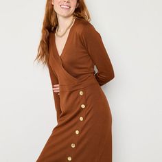 This Maia women�s midi sweater dress is a beautiful slinky style that will impress whether you wear it to meetings or evening drinks. Crafted from a brown knit, this v-neck dress has long sleeves and a gold-tone button adorned slit. Wear it with your favorite boots and gold-tone accessories.Closure Type: ButtonNeckline: V NeckSleeve Length: Long SleeveSleeve Style: Fitted SleeveApparel Length: 46 InchesDress Length: Midi LengthFiber Content: 78% Rayon, 22% PolyesterFabric Description: KnitCare: Winter V-neck Midi Dress With Button Closure, Fall Long Sleeve Midi Dress With Covered Buttons, Chic Long Sleeve Midi Dress With Covered Buttons, Long Sleeve Midi Dress With Buttons, Fitted Long Sleeve Midi Dress With Covered Buttons, Fall Midi Dress With Button Closure, Chic Brown Midi Dress With Buttons, Chic Brown Dresses With Button Closure, Chic Brown Dress With Buttons