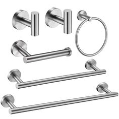 an assortment of bathroom accessories including towel rings, toilet paper holders and ring handles in stainless steel