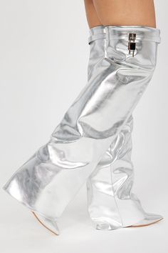 Available In Silver. 4" Ultra High Wedge Heel Overlay Detail Over The Knee Imported | Nadine Overlay Wedge Boots in Silver size 10 by Fashion Nova Kehlani Concert, Silver Boots, High Wedges, Kehlani, Music Concert, House Music, Wedge Boots, Over The Knee, Wedge Heels