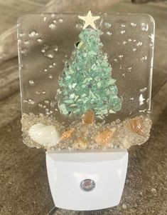 a glass block with a christmas tree on it and seashells in the bottom