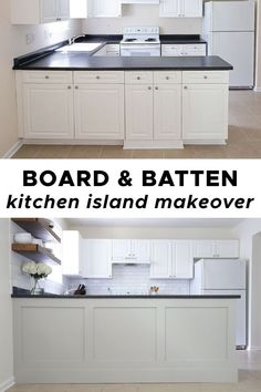 before and after photos of a kitchen island makeover with white cabinets, black counter tops