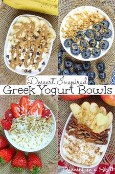 four different bowls filled with cereal, yogurt and fruit on top of a table