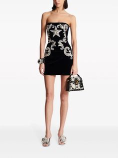 Balmain Bandeau Cotton Minidress - Farfetch Luxury Strapless Mini Dress For Night Out, Luxury Black Strapless Dress, Luxury Embellished Strapless Dress, Luxury Strapless Dress, Luxury Strapless Evening Dress, Fitted Velvet Mini Dress With Sequins, Fitted Velvet Embroidered Dress, Fitted Embroidered Velvet Dress, Paisley Embroidery