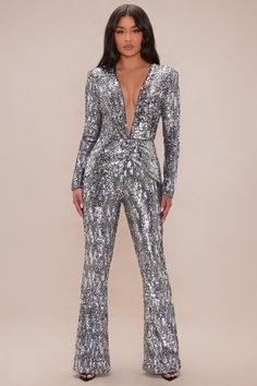 Available In Black. Sequin Jumpsuit Deep V-Neckline Long Sleeves Hidden Back Zipper Flare Pant Lined Stretch Shell/ Lining: 100% Polyester Imported | Danielle Sequin Jumpsuit in Black size XL by Fashion Nova Black Sequin Jumpsuit, Sequin Jumpsuit, Flare Pant, Jumpsuit Black, Black Jumpsuit, Black Sequins, Flare Pants, New Black, Fashion Nova