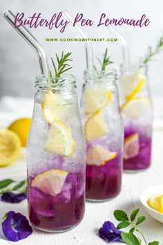 three mason jars filled with lemonade and lavender