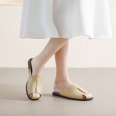 Women Retro Casual Leather Summer Slides Beige Casual Flats With Leather Footbed, Casual Beige Flats With Leather Footbed, Spring Leather Shoes With Leather Footbed, Beige Slip-on Leather Shoes For Summer, Spring Beige Flat Leather Shoes, Beige Flat Leather Shoes For Spring, Beige Leather Slip-on Flats, Spring Beige Leather Shoes, Beige Flat Leather Shoes For Summer