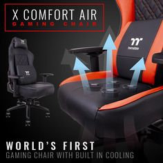 an orange and black gaming chair with the words world's first gaming chair with built in cooling