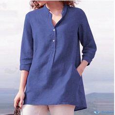 Orcajump - Solid Color Seven-quarter Sleeve Mandarin Collar Cotton Linen Casual Pullover Shirt Casual Long Sleeve Plain Blouse, Casual Plain Long Sleeve Blouse, Casual Blouse With Pockets And 3/4 Sleeves, Casual Solid Color Tops With 3/4 Sleeves, Casual Half Sleeve Fall Shirt, Casual Half Sleeve Shirt For Fall, Casual Solid Color Shirt With 3/4 Sleeves, Casual Half Sleeve Blouse, Cotton Tops With Pockets And 3/4 Sleeves