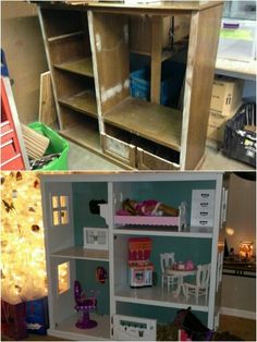 two pictures side by side, one with shelves and the other with toys