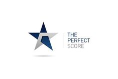 the perfect score logo with a blue and white star in the middle, on a white background