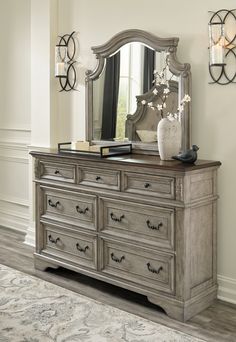 Lodenbay Antique Gray/Brown Dresser and Mirror - Ornate Home Brown Dresser, Grey Dresser, Three Drawer Nightstand, Dresser And Mirror, 7 Drawer Dresser, Queen Panel Beds, Style Cottage, Wooden Dresser, Bedroom Panel