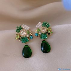 OrcaJump - Exquisite Floral Water Droplet Earrings Green Dangle Flower Earrings For Party, Droplet Earrings, Water Droplets, Water, Floral, Green