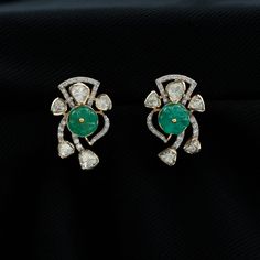 14k Gold Designer Stud Earrings with Emerald and Polki Diamond - Rosec Jewels Designer Patterns, Floral Earrings, Delicate Flower, Real Diamonds, Screw, Timeless Elegance, Pattern Design, Emerald, Floral Design