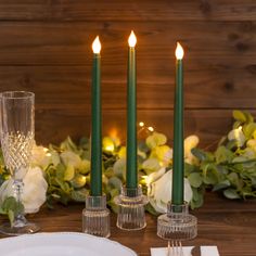 3 Pack | 11inch Hunter Emerald Green Warm Flickering Flameless LED Taper Candles Candlelight Wedding Reception, Candle Light Wedding, Green Wedding Decorations, Forest Green Wedding, Flameless Taper Candles, Led Taper Candles, Wedding Reception Lighting, Fake Candles, Battery Operated Tea Lights