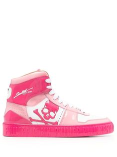 Skull high-top sneakers from PHILIPP PLEIN featuring rose pink, white, limited edition, colour-block panelled design, skull patch detail, high-shine detailing, logo-print tongue, front lace-up fastening, round toe and logo embossed flat rubber sole. Philipp Plein Shoes, Philipp Plein Sneakers, Skull Patch, Detailing Logo, High Fashion Outfits, Shoe Closet, Philipp Plein, Clothes Ideas, Skull Print