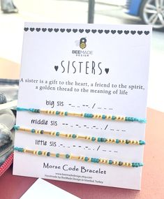 "☆*･゜ﾟ･* ♥ Spend over 100 usd and get a free upgrade to express shipment ♥ *･゜ﾟ･*☆ ✼ This listing includes three handmade morse code bracelets with 14k gold plated beads and a gift card which includes morse code translation of the specific word on the card. Gold beads represent the morse code and seed beads represents space between two letters. ✼ This is a great gift for your sisters and yourself. It is truly a beautiful way to celebrate them♥ ✼ You can also customize and have the bracelets with Sister Morse Code Bracelet, Moris Code, Handmade Gifts For Sister, Morris Code, Morse Code Bracelets, Code Bracelets, Lil Sis, Gifts For Your Sister, Morse Code Bracelet