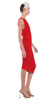 DIANA DRESS TO KNEE – Tiger Red – Norma Kamali Spring Stretch Asymmetrical Ruched Dress, Spring Ruched Stretch Asymmetrical Dress, Spring Stretch Ruched Asymmetrical Dress, Spring Asymmetrical Ruched Stretch Dress, Elastane Midi Dress With Ruched Sides, Asymmetrical Midi Dress With Ruched Sides, Stretch Draped Midi Dress With Ruched Sides, Asymmetrical Hem Midi Dress In Elastane, Asymmetrical Hem Elastane Midi Dress