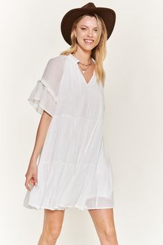 Short Sleeve Midi Dress with Adjustable Strap-Ruffled V-neckline with tie strap-Ruffled short sleeve-Ruffled hem-Relaxed fit-LinedFabric Contents: 100% POLYESTER Summer V-neck Tiered Dress For Daywear, White V-neck Tiered Casual Dress, White V-neck Tiered Dress For Summer, Summer Flowy Tiered Dress With Ruffle Sleeves, Summer Tiered Dress With Flowy Ruffle Sleeves, Flowy Tiered Dress With Ruffle Sleeves For Summer, V-neck Tiered Dress With Ruffle Hem For Day Out, Summer Tiered Dress With Ruffle Hem And V-neck, Vacation Tiered Dress With Ruffle Hem And Flutter Sleeves