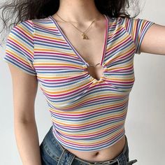 Rainbow Heart Ring Top ~ HANDMADE Trendy Multicolor Tops With Rainbow Print, V-neck Top With Heart Graphic For Summer, Retro Rainbow T-shirt For Summer, Fun Rainbow Print Tops For Spring, Cute Multicolor V-neck Top, Cute Multicolor Rainbow Print Tops, Cute Multicolor Tops With Rainbow Print, Playful Colorful Short Sleeve Top, Casual Striped T-shirt With Rainbow Print