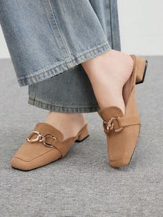 Women's Fashionable Apricot Low Heel Square Toe Buckle Mule Slip-On Shoes For Casual, Work, Date & Travel Brown         Women Shoes, size features are:Bust: ,Length: ,Sleeve Length: Mule Slides, Chart Pattern, Fashion Shoes Flats, Loafer Shoes Women, Slippers Women, Trendy Dress, Spring Fashion Outfits, Suede Flats, Beige Shoes