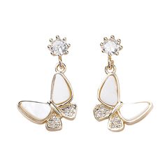 These dainty 18-karat gold-plated drop earrings feature a shell and pavé cubic zirconia butterfly dangling from a round cubic zirconia post. 0.51" W x 0.87" L 18k gold-plated copper / shell / cubic zirconia Accessories Jewelry Earrings, Alex And Ani Charm Bracelet, Apparel Accessories, Cubic Zirconia, Jewelry Accessories, 18k Gold, Gold Plate, Shells, Jewelry Earrings