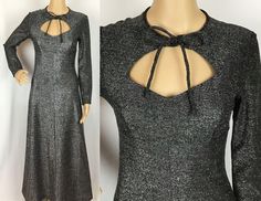 "Original vintage 1970s Glam Rock Studio 54 style long maxi dress by designer label Polly Peck by Sybil Zelker. Showstopping sparkly silver lurex in a dramatic empire line, full length cut. Features a cut out key hole bib with bow tie collar. Zip closure to reverse. This item is in excellent vintage condition & has been cleaned/ ready to wear. . ❁ ❁ ❁ ❁ ❁ Measurements Fits like an approx. size Small or modern size: UK 8 / USA 4 / EU 34 But please check exact measurements carefully: Measurements are taken flat, seam to seam, with fabric pulled taut. Please remember to double bust, waist & hip measurements for circumference ❁Shoulder Length (across shoulders) = 15 inches ❁Sleeve length (shoulder to cuff) = 22 inches ❁Bust (armpit to armpit) = 17.5 inches ❁Empire Waist (measured 11.5 inches d Formal Vintage Maxi Dress For Fall, Vintage Formal Maxi Dress For Fall, Vintage Long Sleeve Maxi Dress For Party, Retro Fall Party Maxi Dress, Fitted Vintage Maxi Dress For Party, Retro Floor-length Maxi Dress For Party, Fitted Vintage Maxi Dress For Winter, Glam Disco, 1970s Glam