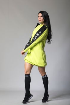 "Lime Green Sweatshirt, Sports Dress Sporty and casual, this Lime Green sweatshirt dress is a no-brainer if you want to hang out with your friends, go out for a movie or simply laze around the house. Made with 100% cotton, it's soft, comfortable, and just the perfect length. It features two pockets on either side and a turtle neck, which makes it perfect for autumn. Wear it with a pair of sneakers and you're good to go! 🌀 Materials & Care Cutton-100% Polyester elements Hand washes inside ou Black Sweatshirt Dress, Long Sweatshirt Dress, Warm Winter Dresses, Long Sleeve Sweatshirt Dress, Loungewear Dress, Autumn Wear, Casual Activewear, Sweater Dress Oversized, Elegant Black Dress