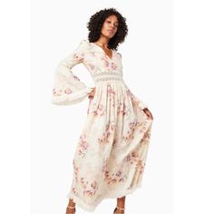 - V Shaped Neckline - Fitted And Flared Style - Maxi Length - Floral Print - Fringing Detailing - S: 50% Viscose 50% Linen L: 100% Cotton Nwt Sample Item No Washing Tag Feminine Maxi Length Lined Dress, Feminine V-neck Lined Maxi Dress, Feminine Lined Maxi Dress For Garden Party, Long Sleeve Maxi Dress With Lace Trim For Brunch, Bohemian Lined Dress For Garden Party, Feminine Lace Trim Dress For Brunch, Elegant Spring Floral Dress, Lined, Elegant Spring Floral Dress Lined, Feminine Flowy Midi Dress With Lace Trim