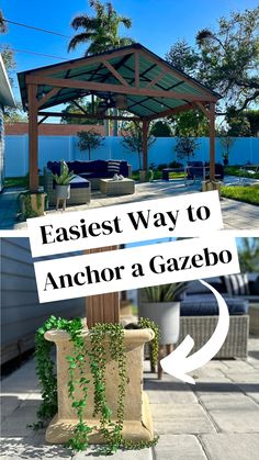 easiest way to anchor a gazebo Gazebo Landscape Ideas, Backyard Patio Gazebo Ideas, Small Patio Gazebo Ideas, Diy Hardtop Gazebo, Landscape Around Gazebo, Outdoor Gazebo Decor, Outdoor Pavilion Decorating Ideas, Small Backyard Gazebo Ideas, Gazebo Ideas Backyard Cheap