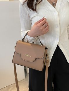 Khaki Elegant,Fashionable Collar  PU Leather Letter Square Bag Embellished   Women Bags Trendy Beige Square Satchel, High-end Beige Satchel For Business, Elegant Light Brown Business Bags, Elegant Tote-style Flap Bag For Shopping, Elegant Beige Square Bag, Minimalist Bags, Side Bags For Women, Purse For Teens, Women Bags Fashion Handbags