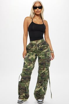 Available In Olive/combo. Camo Cargo Pant Low Rise Button Zipper Closure Cargo Pockets Strappy Detail Wide Leg Oversized Fit Non Stretch 65% Polyester 35% Cotton Imported | Level You Up Camo Cargo Pant in Olive Green size 2X by Fashion Nova