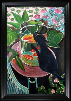 a painting of a cat sitting on a table looking at fish in a potted plant