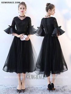 10% off now|Free shipping world-wide. Black Tea Length Retro Homecoming Dress Lace With Flare Sleeves at GemGrace. Click to learn our pro custom-made service for wedding dress, formal dress. View #HomecomingDresses for more ideas. Black Dress With Lace Sleeves For Banquet, Black Lace Trim Midi Dress For Wedding, Fitted Black Lace Dress For Banquet, Black Lace Dress For Banquet, Black A-line Tea Length Party Dress, Fitted Black Tea Length Dress For Party, Black Lace Tea-length Dresses, Fitted Black Tea Length Dress, Black Lace Knee-length Wedding Dress