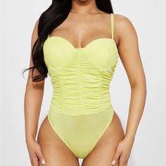 Keep It Spicy Bodysuit - Lime Color Size L (Runs A Little Big) Better Fit If You Have Good Chest Size And Hips 26+ Inches Pictures Taken From The Original Site @Fashionova.Com Credit Given Flirty Fitted One-piece Bodysuit, Summer Club Bodysuit With Lined Body, Summer Club Bodysuit In Flirty Style, Flirty Fitted Beach Bodysuit, Flirty Fitted Bodysuit For Beach, Flirty Sleeveless Bodysuit With Lined Body, Fitted Flirty Beach Bodysuit, Solid Bodysuit With Built-in Bra For Parties, Trendy Nylon Bodysuit For Parties